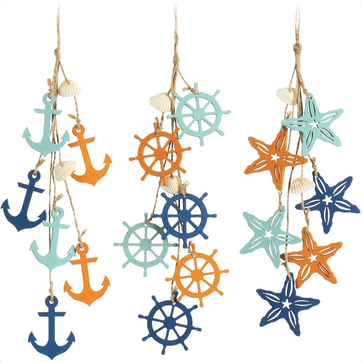 SnelShoppen - 3x Houten Hangdecoratie Maritiem - Sterrenvis, Anker en Stuurwiel - Decoratie voor Raam, Deur en Muur - 38 cm - Perfect voor Vakantie, T