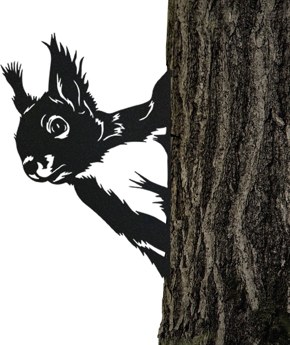 SnelShoppen - Tree Stopper Squirrel in Matt Black - Weerbestendige Stalen Tuindecoratie voor Buiten - Unieke Squirrel voor Tuin, Patio, en Balkon
