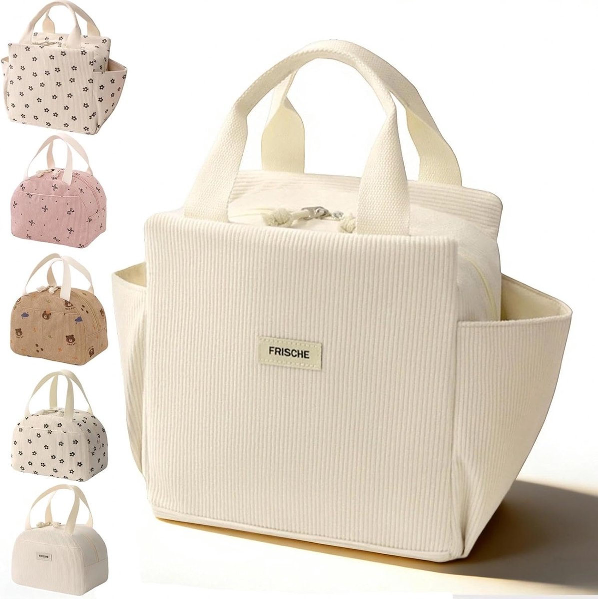 Thijox - Vierkante Lunchtas 12L - Beige Koeltas met Zijvakken, Opvouwbaar, Ribstof, Grote Capaciteit voor Werk, School en Outdoor Activiteiten