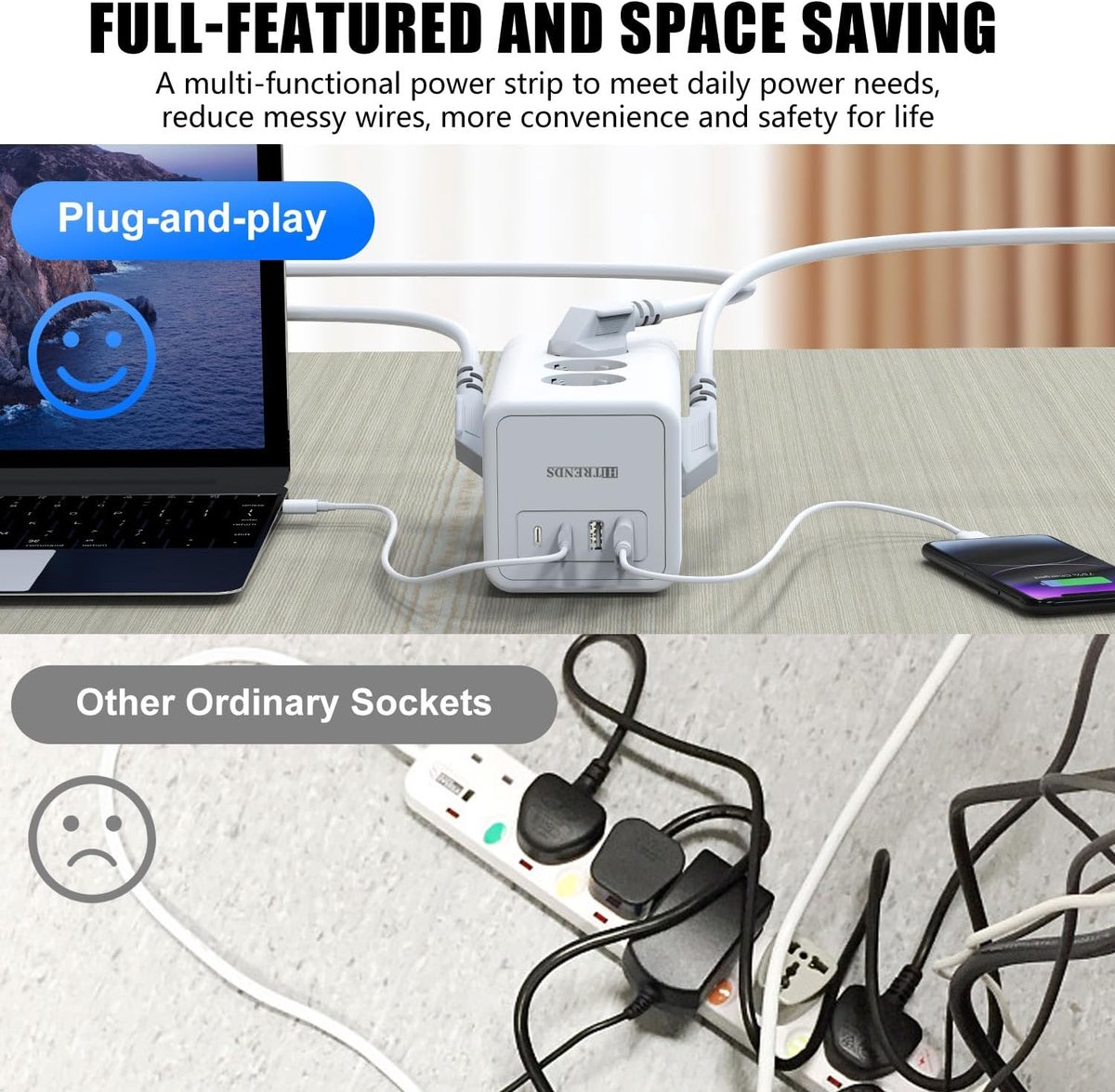 SnelShoppen - Power Strip met 12 Stopcontacten, 2 USB-A en 2 USB-C, Wandmontage, Schuko, 2m Kabel, Wit, Ideaal voor Thuis, Kantoor en Reizen