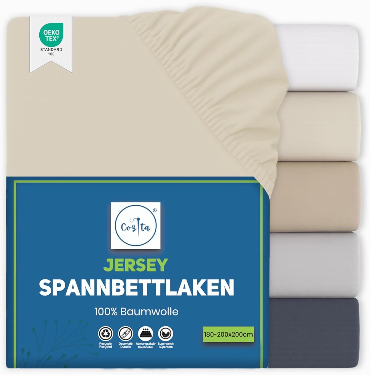 SnelShoppen - Fitted Sheet 180 x 200 cm, 100% Katoen Jersey, Oeko-Tex, Geschikt voor Matras tot 25 cm, Natuurlijk, Diverse Kleuren