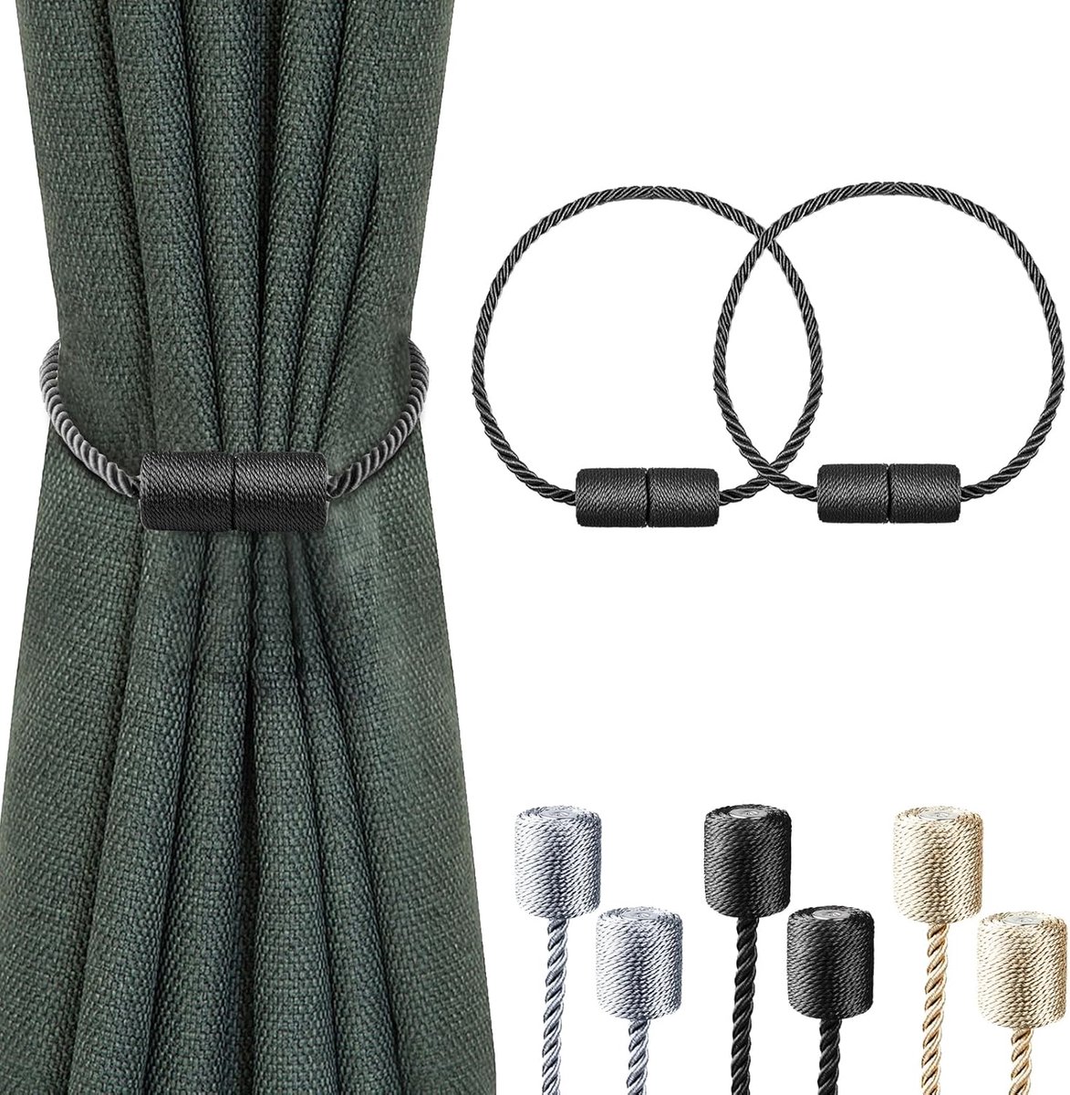 SnelShoppen - Sterke Magnetische Gordijn Tiebacks, 2 Stuks met Dikke Decoratieve Houders voor Gordijnen, Zwart, Duurzaam en Stijlvol voor Thuis en Kan