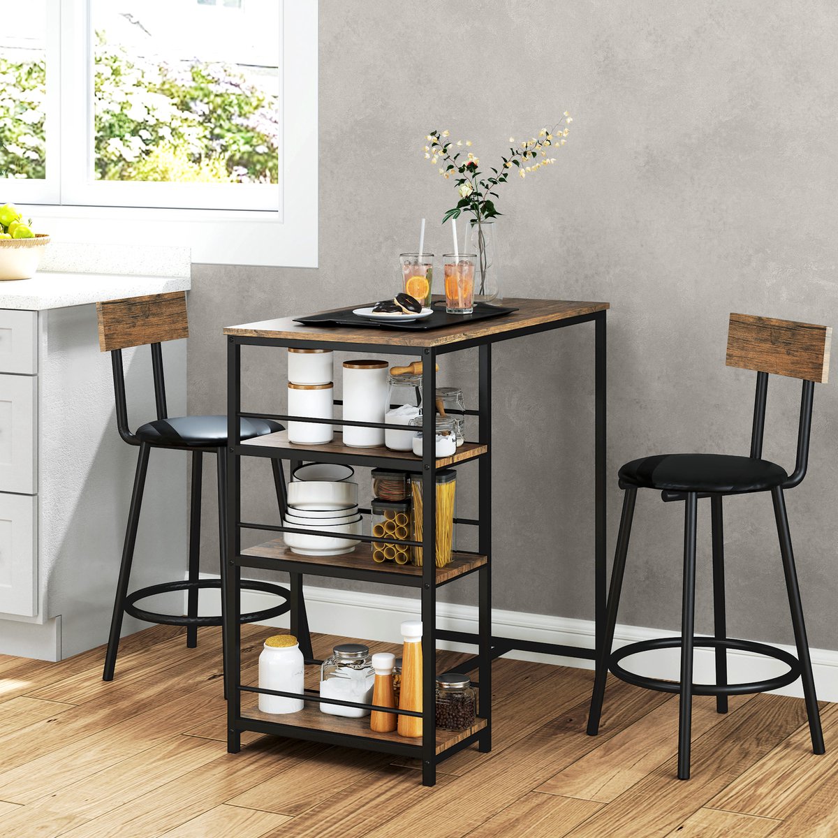 DESMIU Bartafel Set 90 x 50 x 90,5 cm - 3-Delig Met 2 Barkrukken En 3 Opbergplanken - Voor Keuken En Eethoek - Metaal En Hout - Eiken