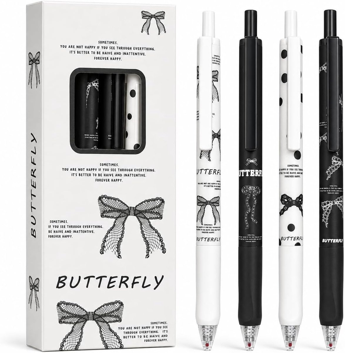 Thijox - 4 Schattige Zwarte Gelpennen met Strik - Intrekbare Gelpennen 0,5 mm Fijne Punt - Kawaii Pennenset voor School, Kantoor, Notities en Journali