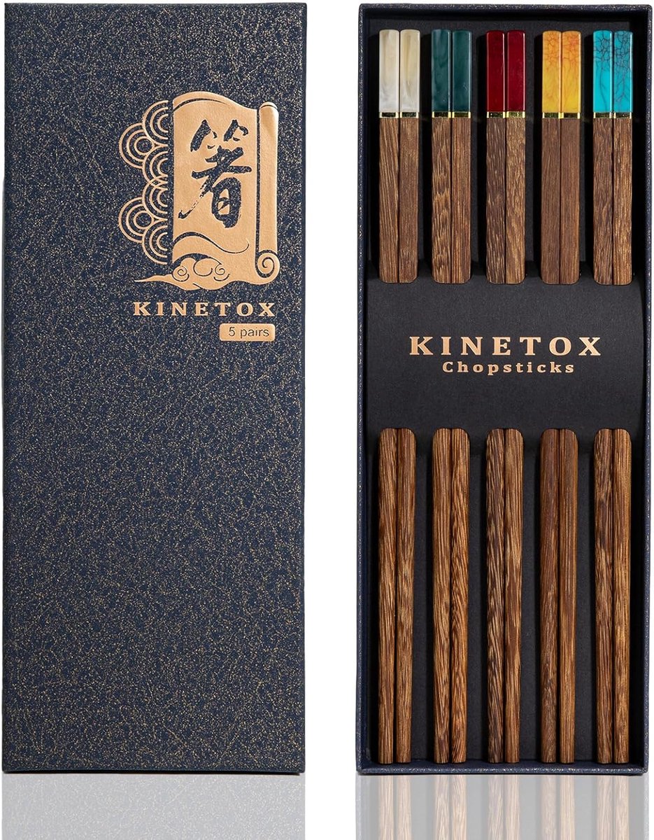 SnelShoppen - Houten Eetstokjes Set 5 Paar - Herbruikbare Non-slip Sushi & Noodles Sticks - Kleurcodering - Perfect voor Feest, Verjaardag, Kerst, Bru