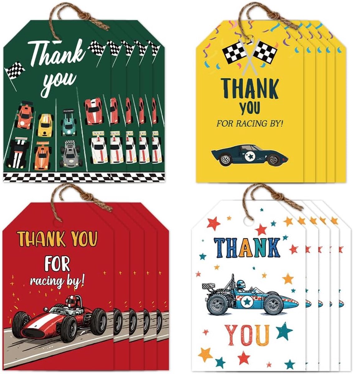 SnelShoppen - 80Pcs Racing Thema Bedankkaartjes met Touw - 4 Stijlen - 2x3 Inch - Bedankt Labels voor Feest, DIY, Cadeaus, Verjaardagen