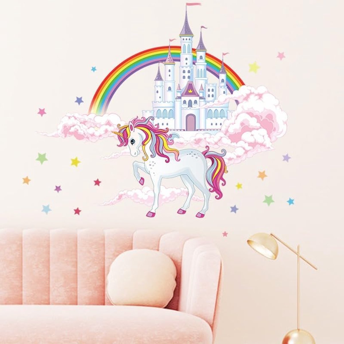 SnelShoppen - Wandsticker Eenhoorn Prinsessen Kasteel Regenboog Muurdecoratie Kinderen Babykamer 85x96 cm Zelfklevend PVC