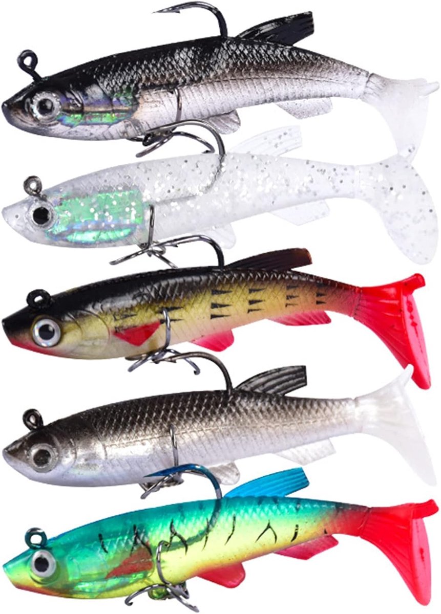SnelShoppen - Set van 5 Rubber Hengelsport Snoeken Bait Set, Jig Spinner Snoekvissen Lures met Flitslicht voor Baars, 8 cm, 14 gram, Verschillende Kle