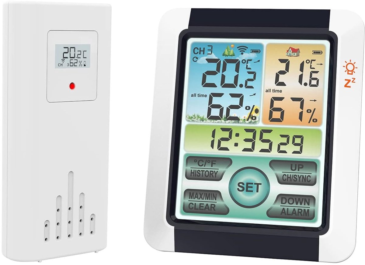 SnelShoppen - Draadloze Weerstation met Buiten Sensors, Digitale Thermometer Hygrometer voor Binnen en Buiten, Kleurrijk LCD Touchscreen, Weervoorspel