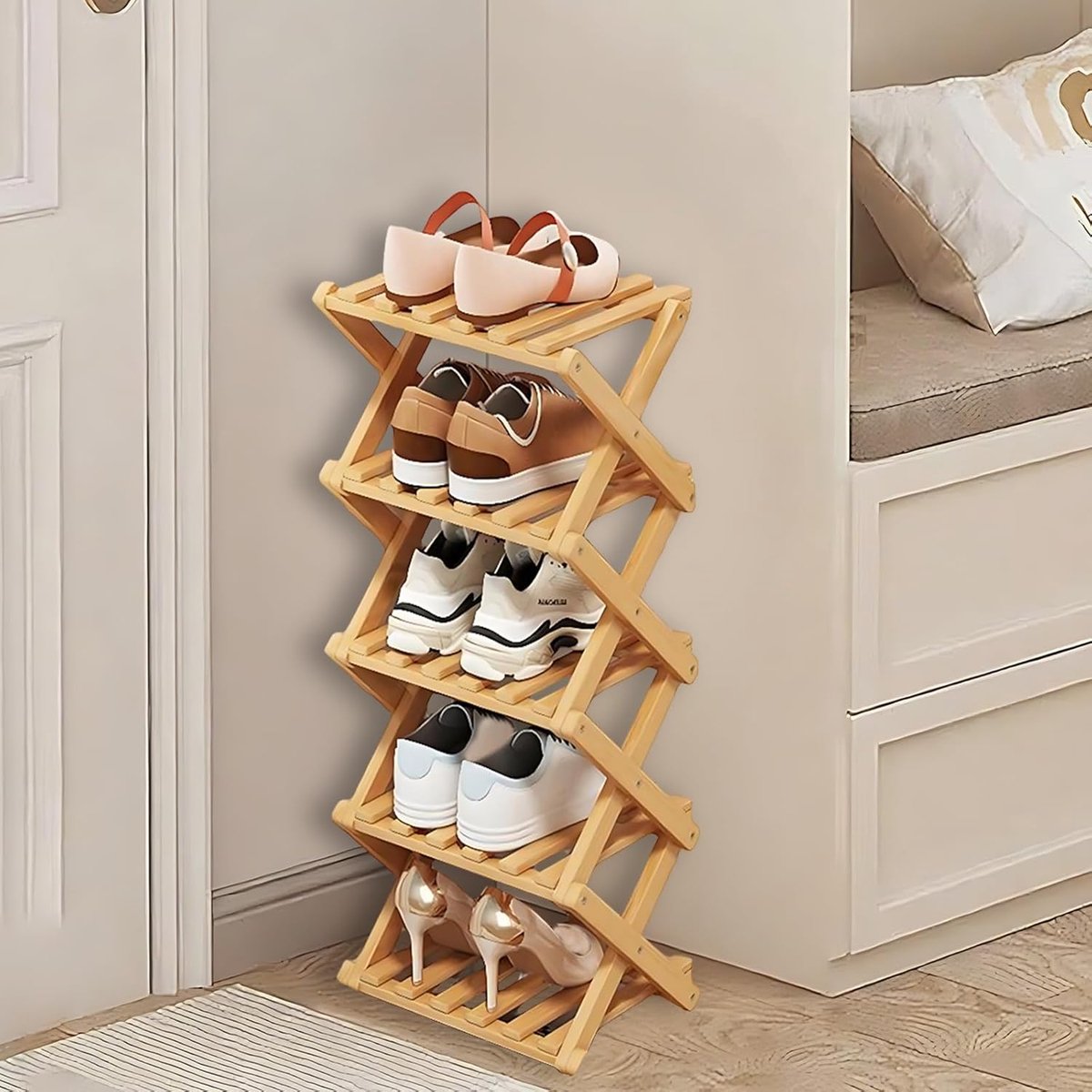 Thijox - 5-laags opvouwbaar bamboe schoenenrek klein - Verticale houten schoenenrek voor hal, entree, slaapkamer - Ruimtebesparend en zonder installat