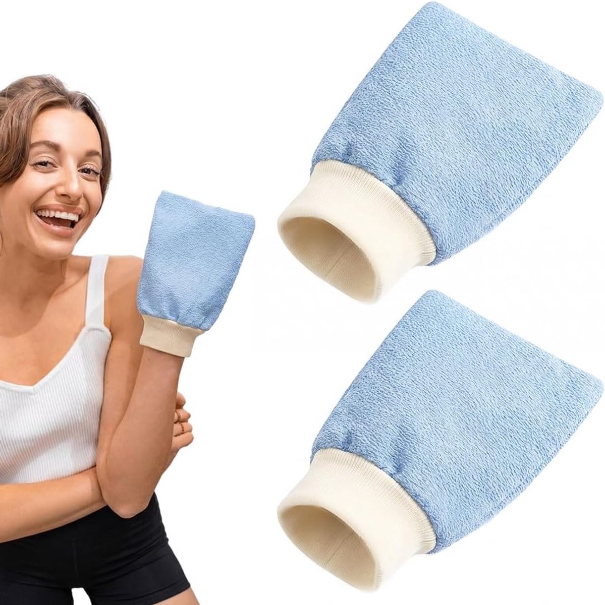 Blauwe peelinghandschoenen voor het lichaam, polykatoen, exfoliëren, reinigen en masseren van de huid, ideaal voor badkamer en spa verzorging