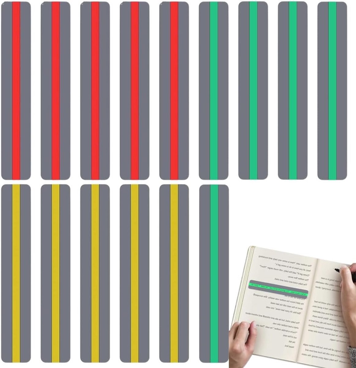 Leesstrips voor kinderen, 15 stuks in 3 kleuren, ideaal voor dyslexie, ADHD en visuele ondersteuning.