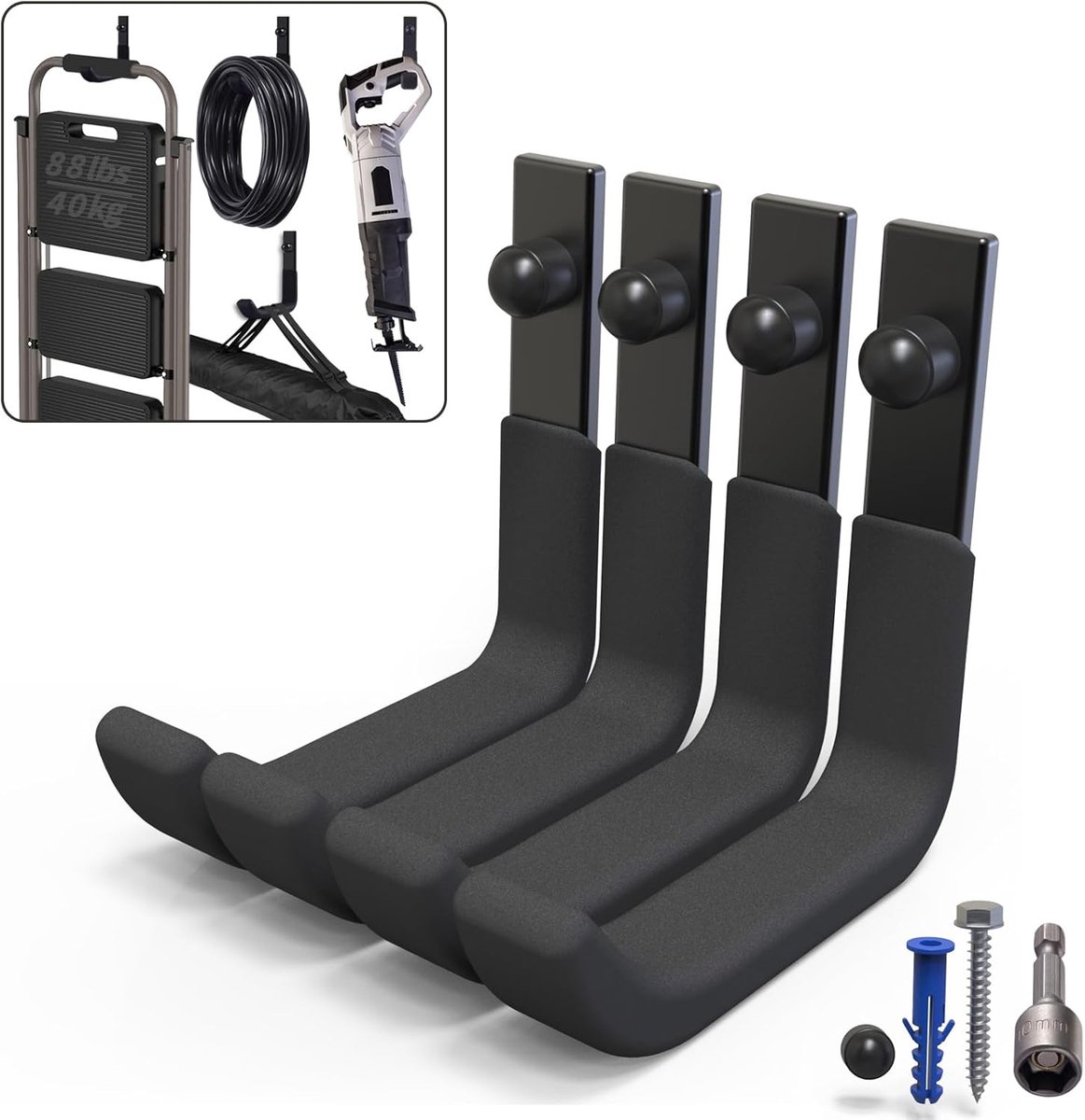 Thijox - 4 stuks zware garage wandhaken, robuuste J-haken van staal voor ladders, gereedschap en tuingereedschap, wandbeugels werkplaats opslag (10cm,