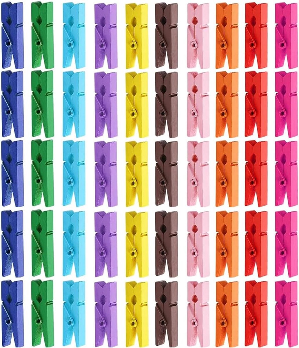 SnelShoppen - 50 Stuks Kleurrijke Houten Wasknijpers, Mini Knijpers in 10 Kleuren voor Fotowand, Decoratie, Knutselen, Feest, Geschenken, Natuurlijke