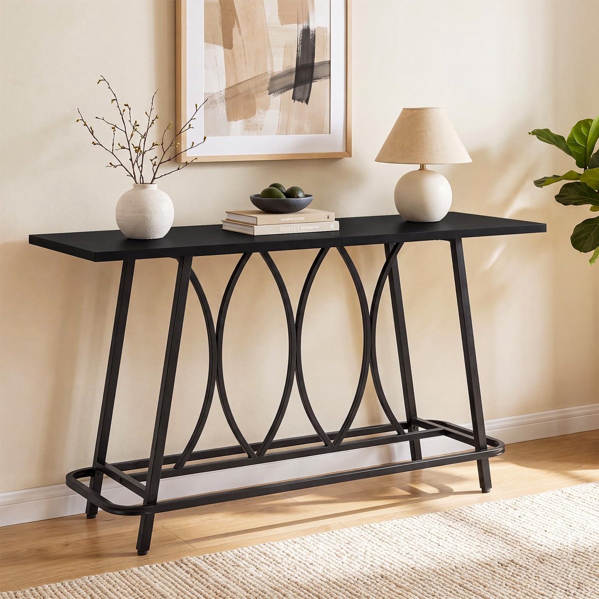LITTLE TREE Console Tafel - 160 X 60 X 95 cm- Modern boerderij model met metalen voetstuk - Smalle ingangstafel achter de bank voor woonkamer - Zwart