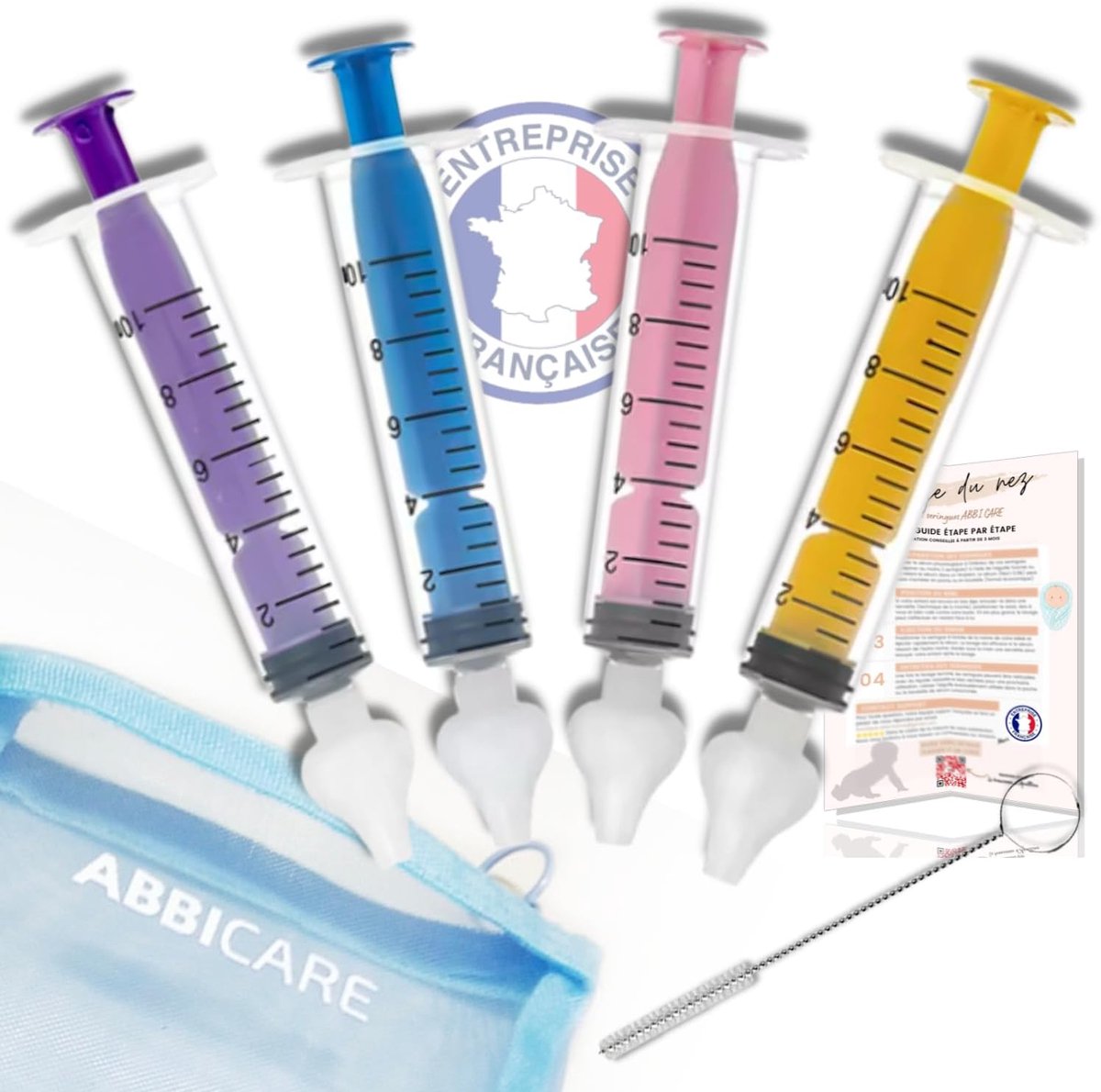 SnelShoppen - Baby Nasal Syringe Set van 4 Kleurrijke Spuiten 10ml BPA Vrij met Silicone Opzetstukken + Reinigingsborstel en Adviesgids voor Baby Neus