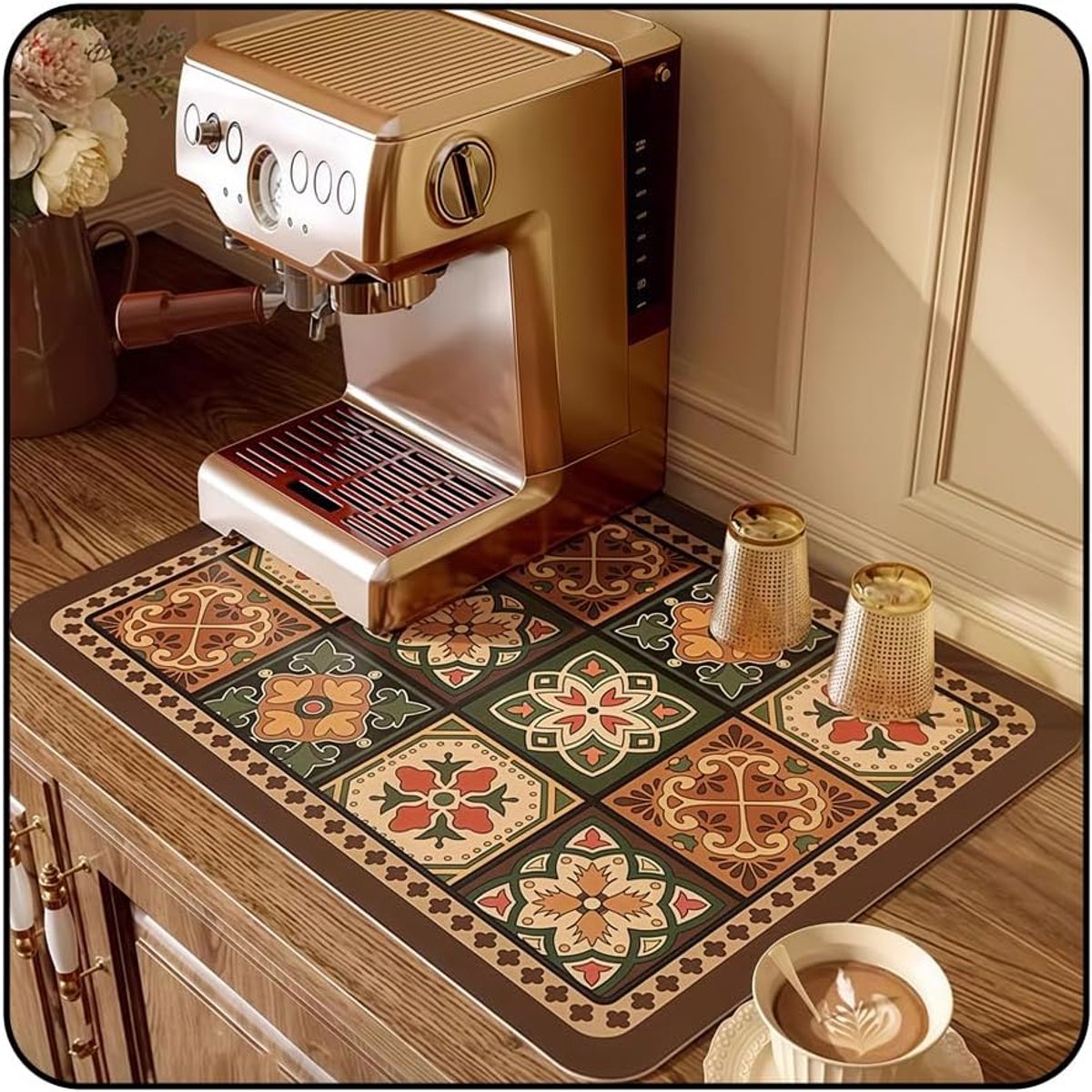 SnelShoppen - Coffee Machine Coaster Draining Mat 30x40 cm - Boho Keuken Droogmat van Faux Leather - Sneldrogend en Antislip - Afwasrek voor Tafelgere