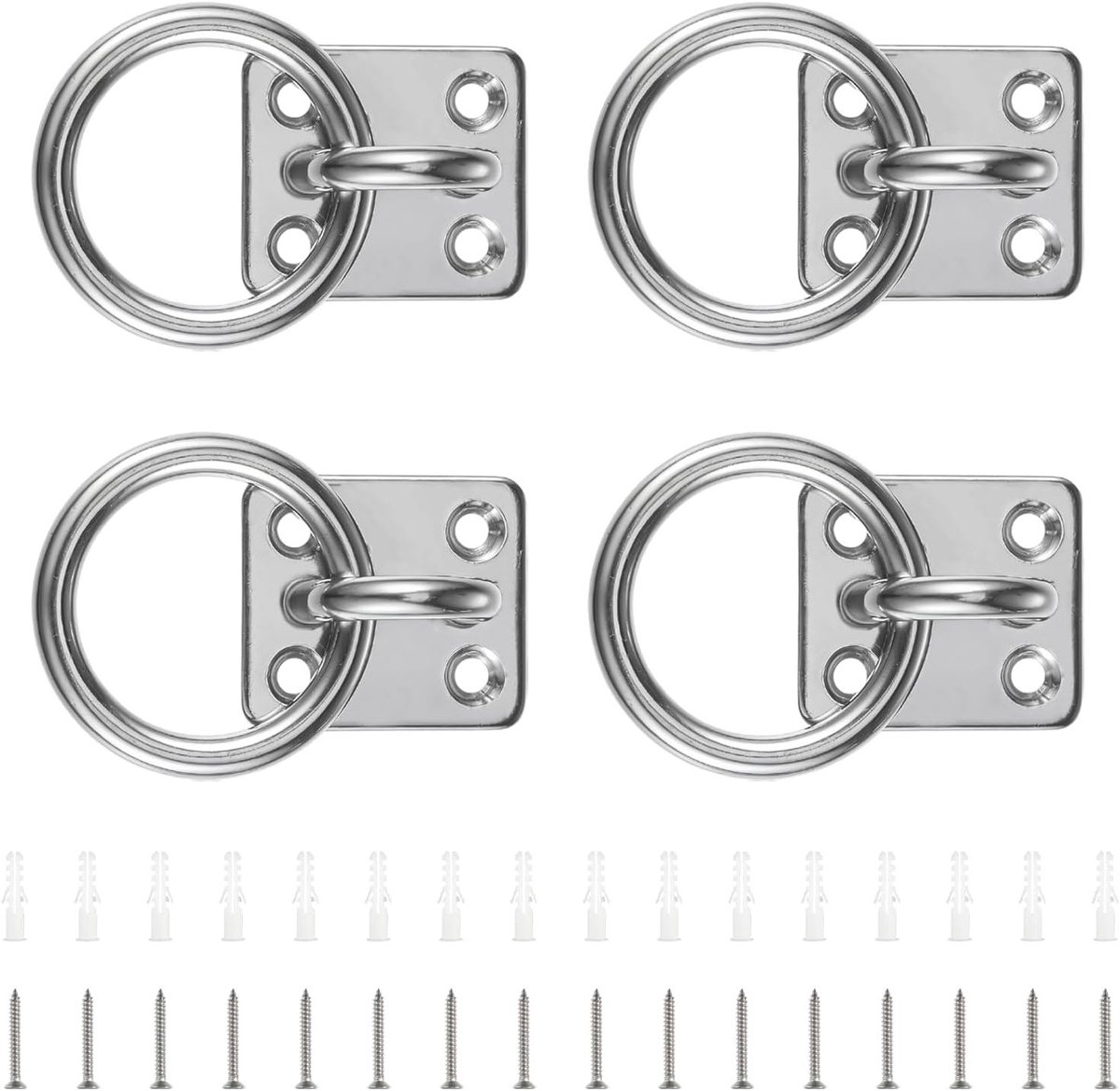 4-delige RVS Oogplaat 304 met Ring en 8 mm Ooglet, Vierkante Verbindingen voor Hout, Muren en Plafonds met Schroeven en Verspreiderbuis