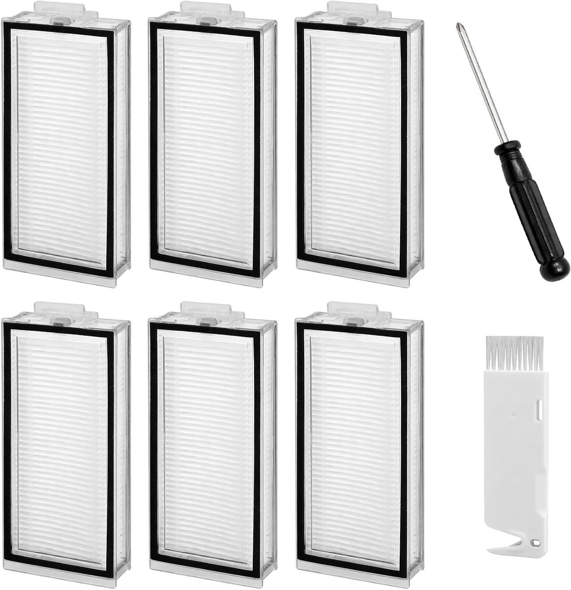 6 stuks herbruikbare HEPA-filters met reinigingsborstel en schroevendraaier voor robotstofzuigers, universele accessoires voor optimale luchtkwaliteit en stofverwijdering
