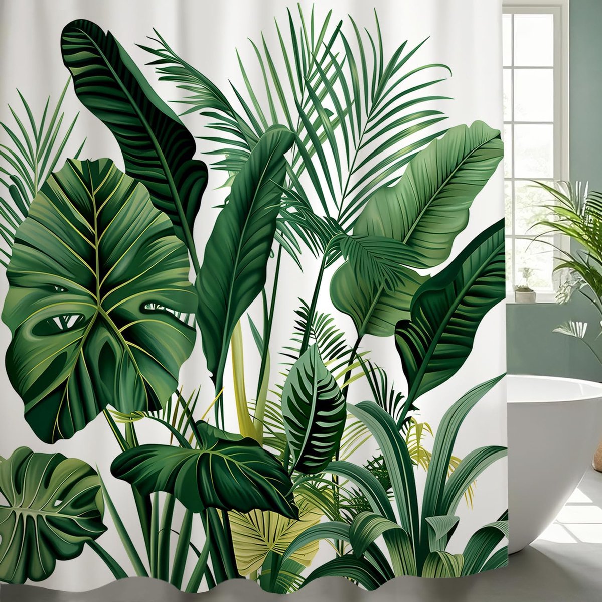 SnelShoppen - Douchegordijn Groene Bladeren Planten 180x200cm Wasbaar Polyester met 12 Ringen - Ideaal voor Badkamer, Natuur geïnspireerd, Eco-vriende