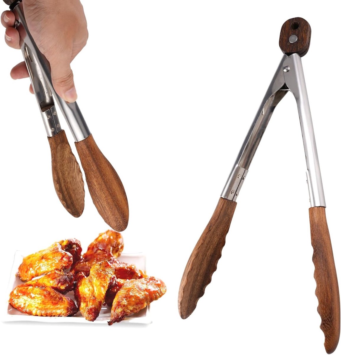 Houten Grilltangen van 29 cm, RVS Kooktangen, Premium Keuken Tangen, Warmtebestendig en Makkelijk Schoon te Maken, Ideaal voor BBQ, Salades en Toast