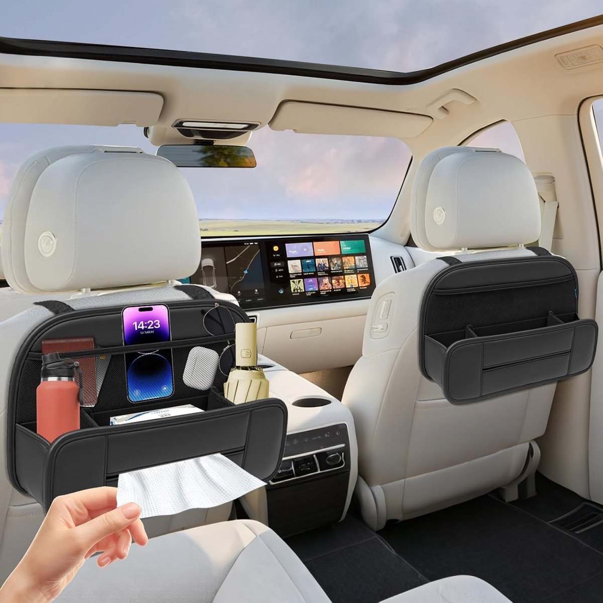 SnelShoppen - Car Organiser, Multifunctionele Auto Organizer, Rugleuning Bescherming, Leer, Waterdicht, Universeel, Geschikt voor Auto Reis met Kinder