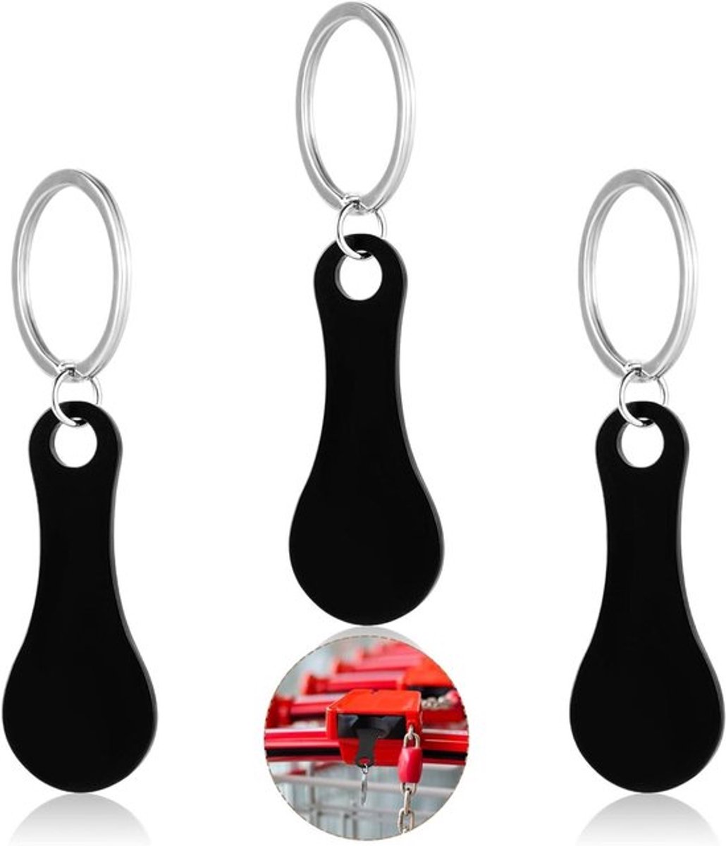 Roestvrij stalen winkelwagenmuntjes - Set van 3 stuks - Keychain met karabijnhaak - Handige muntsleutelhanger voor winkelwagen - Geschikt voor mannen en vrouwen - Zwart