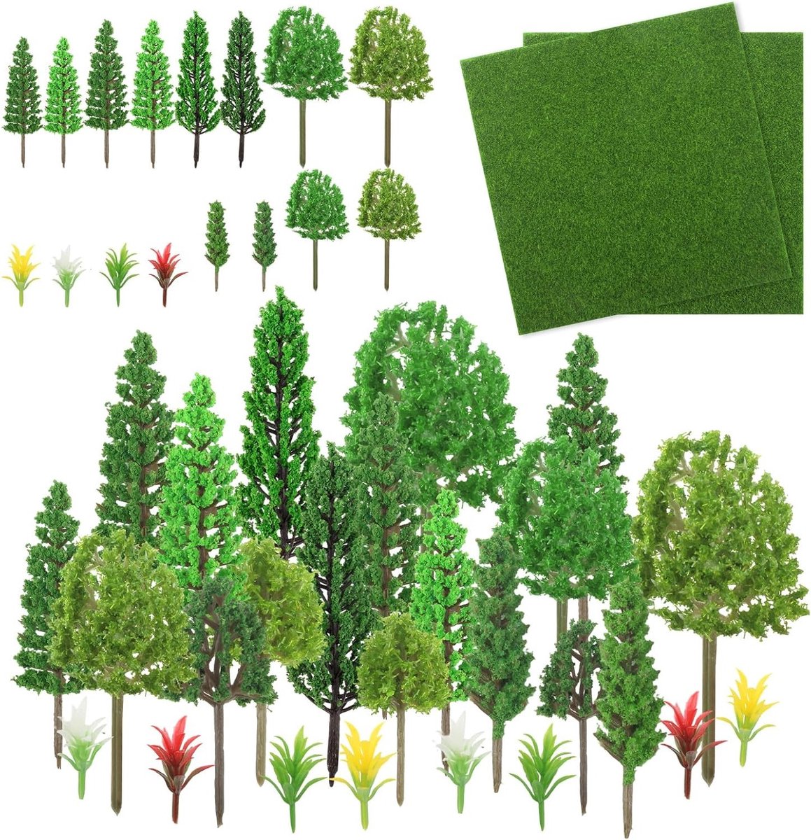 Set van 42 miniatuur modelbouw bomen en kunstgras voor knutselen, ideaal voor miniatuurbossen en spoorweglandschap decoratie