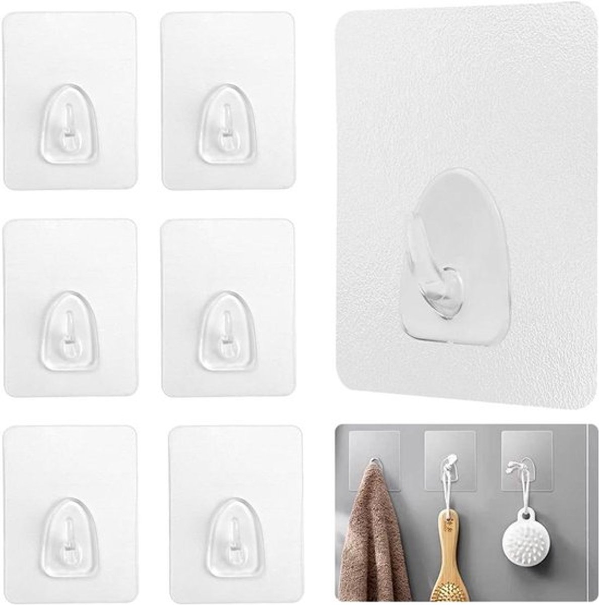 Magische haken - 6 stuks zelfklevend transparant | Herbruikbare wonderhaken voor keuken, badkamer, deuren | Max. 10 kg | Set van 6 x 8 cm.