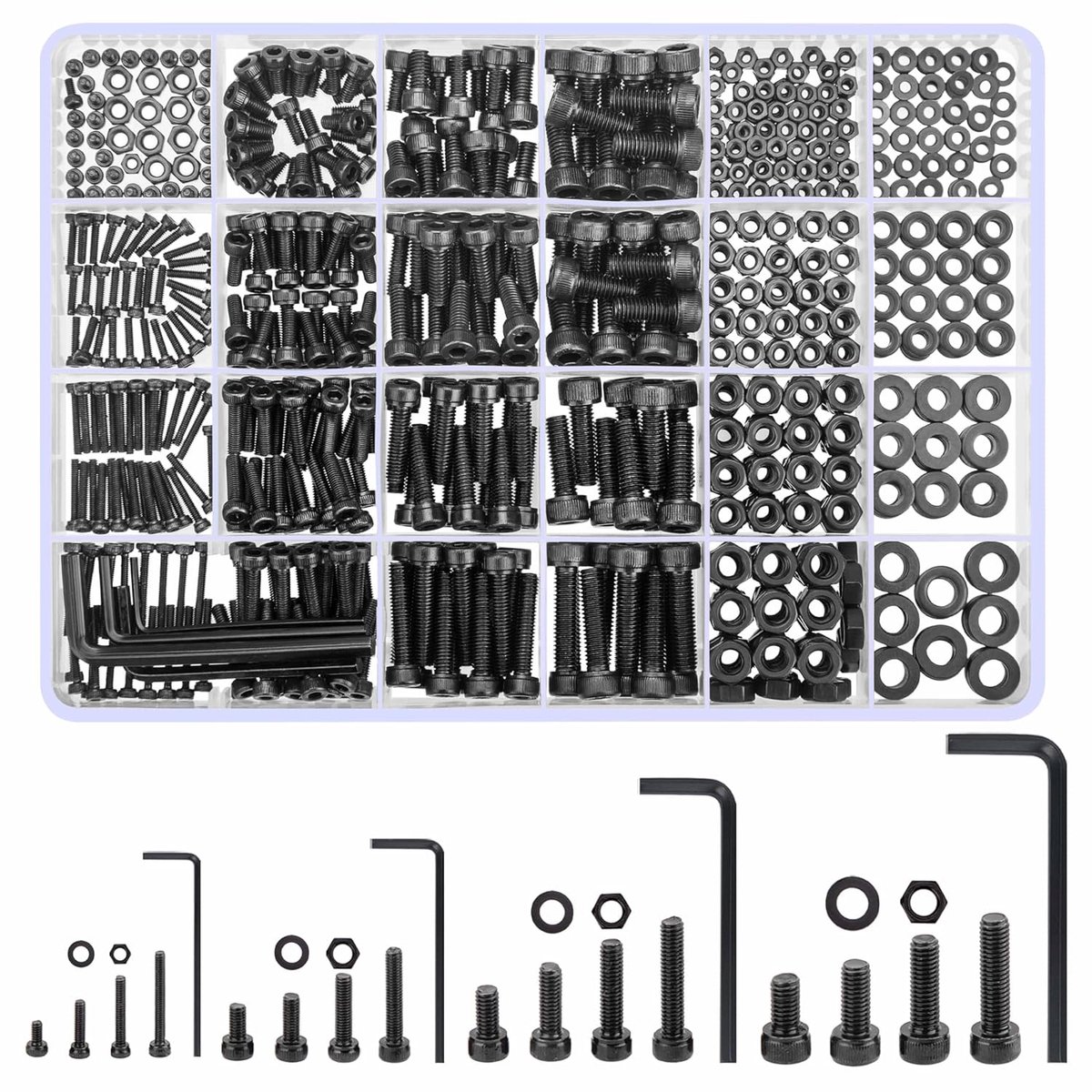 SnelShoppen - 1230pcs M2 M3 M4 M5 Bouten en Moeren Set - Hexa Kop Schroeven, Hoogwaardige 12.9 Kwaliteit Carbon Staal, RVS Assortiment Kit met Washers