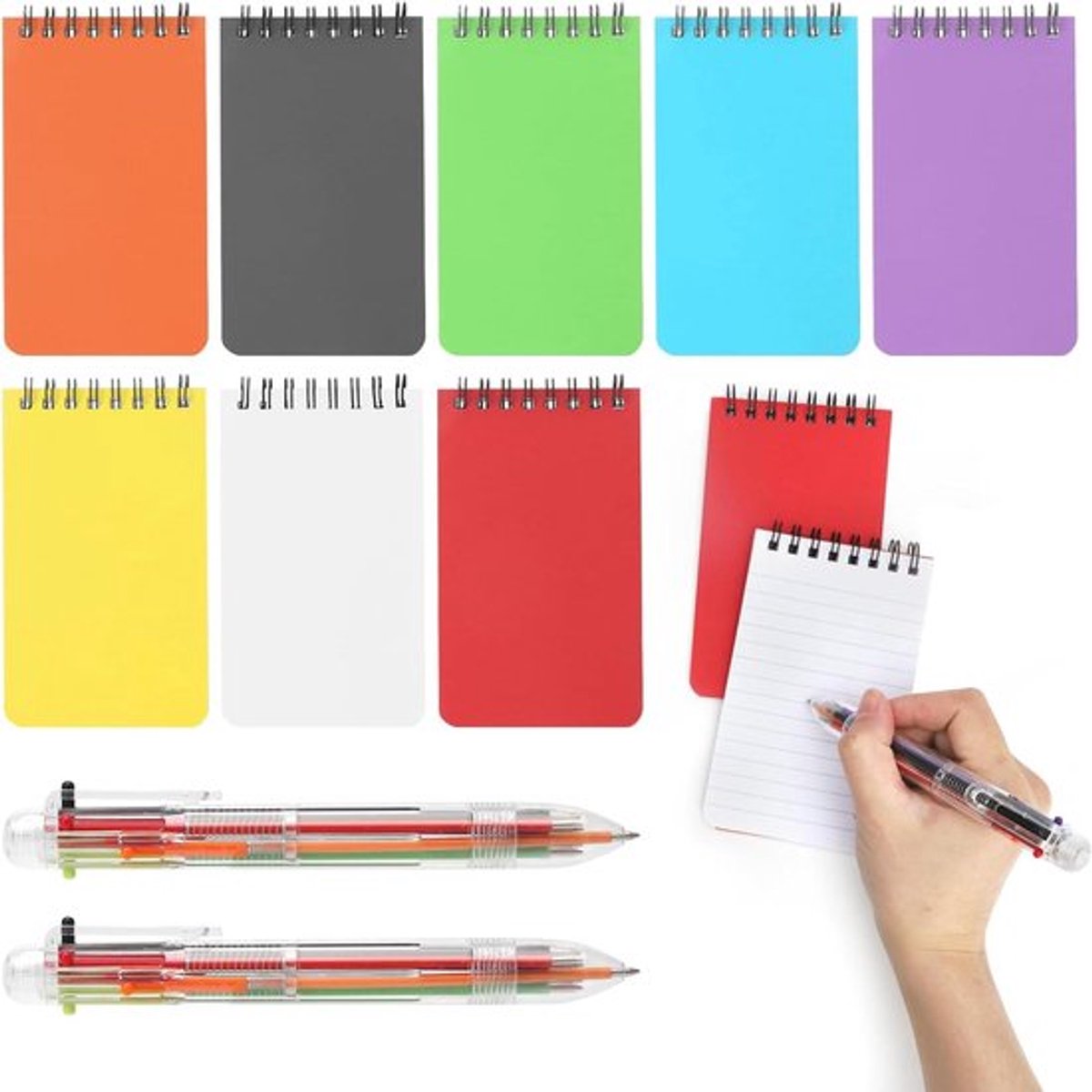 Set van 8 mini-notitieblokken A7 met spiraalbinding en 2 balpennen in diverse kleuren