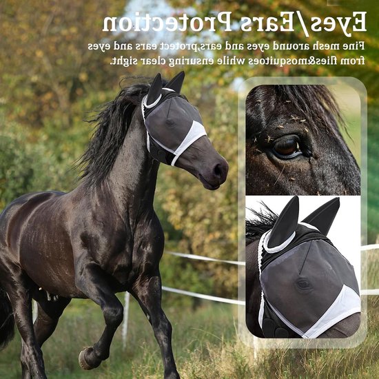 Comfortabel Vliegendek voor Paarden met UV-bescherming, Oorbedekking en Rekbare Ogen - Zwart (L) — afbeelding 3