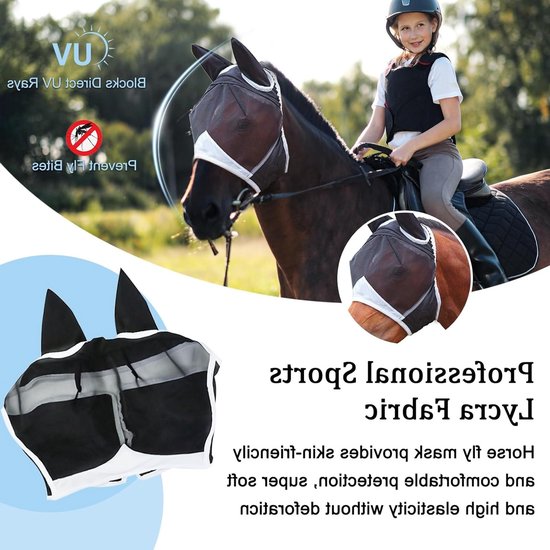 Comfortabel Vliegendek voor Paarden met UV-bescherming, Oorbedekking en Rekbare Ogen - Zwart (L) — afbeelding 4