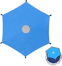 Zeshoekig blauw trampoline zonnescherm met rond gaasgat in het midden.