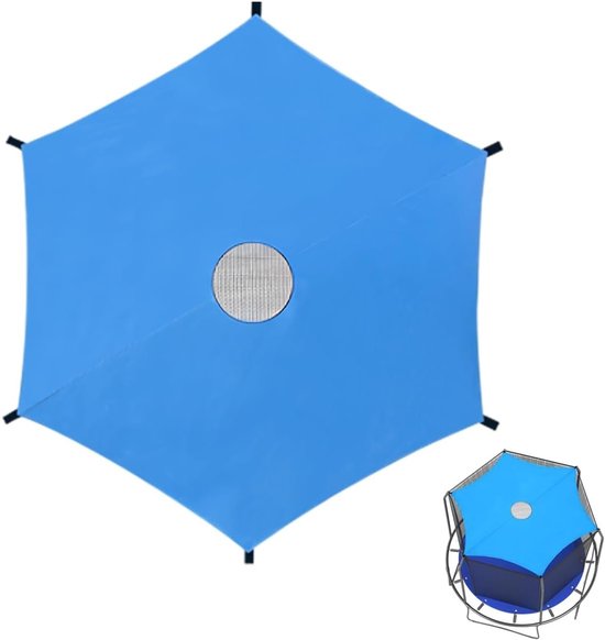 Zeshoekig blauw trampoline zonnescherm met rond gaasgat in het midden.