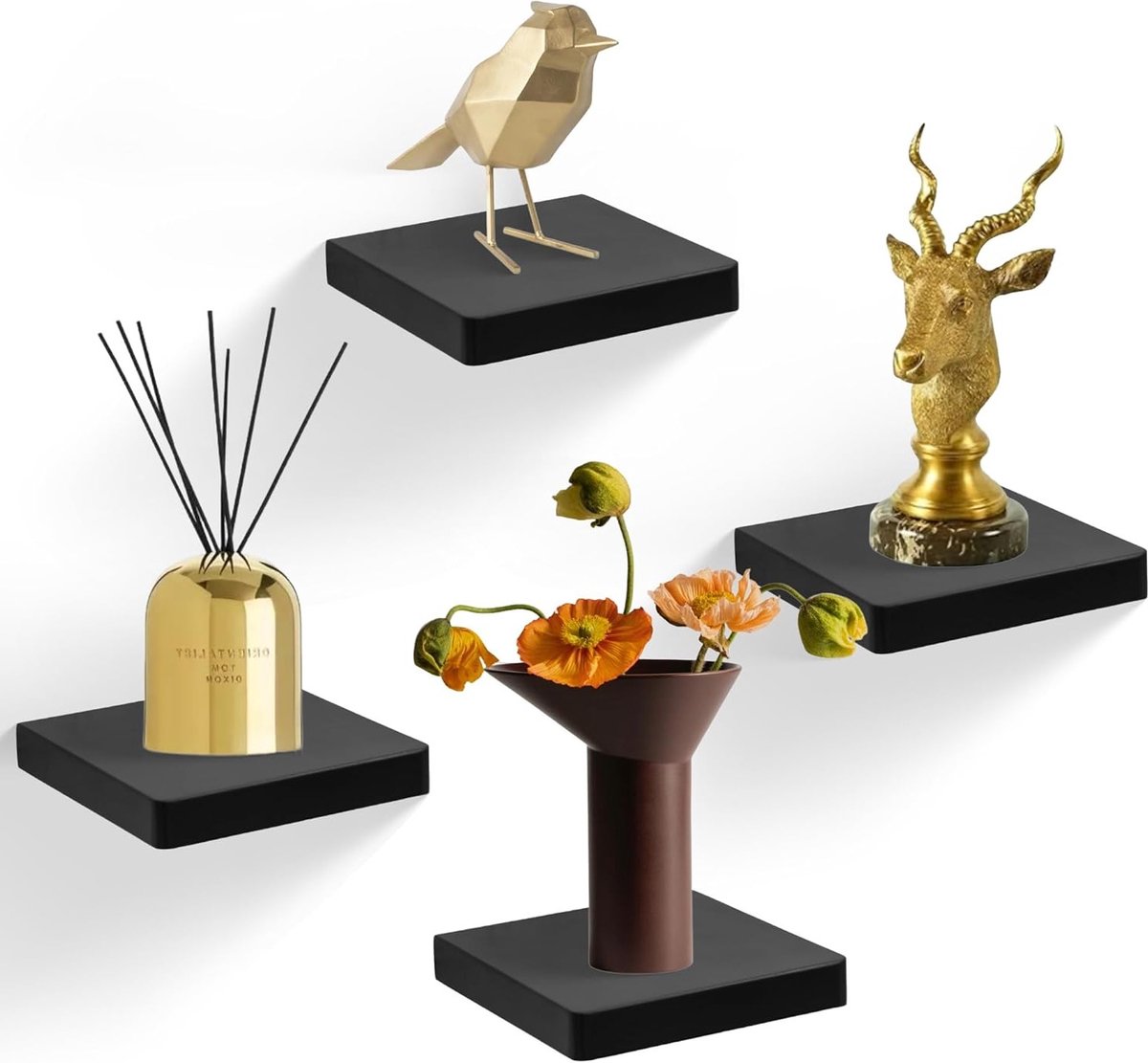 Set van 4 Zwevende Wandplanken van Massief Hout, Decoratieve Planken voor Badkamer, Slaapkamer en Keuken – Zwart en Functioneel