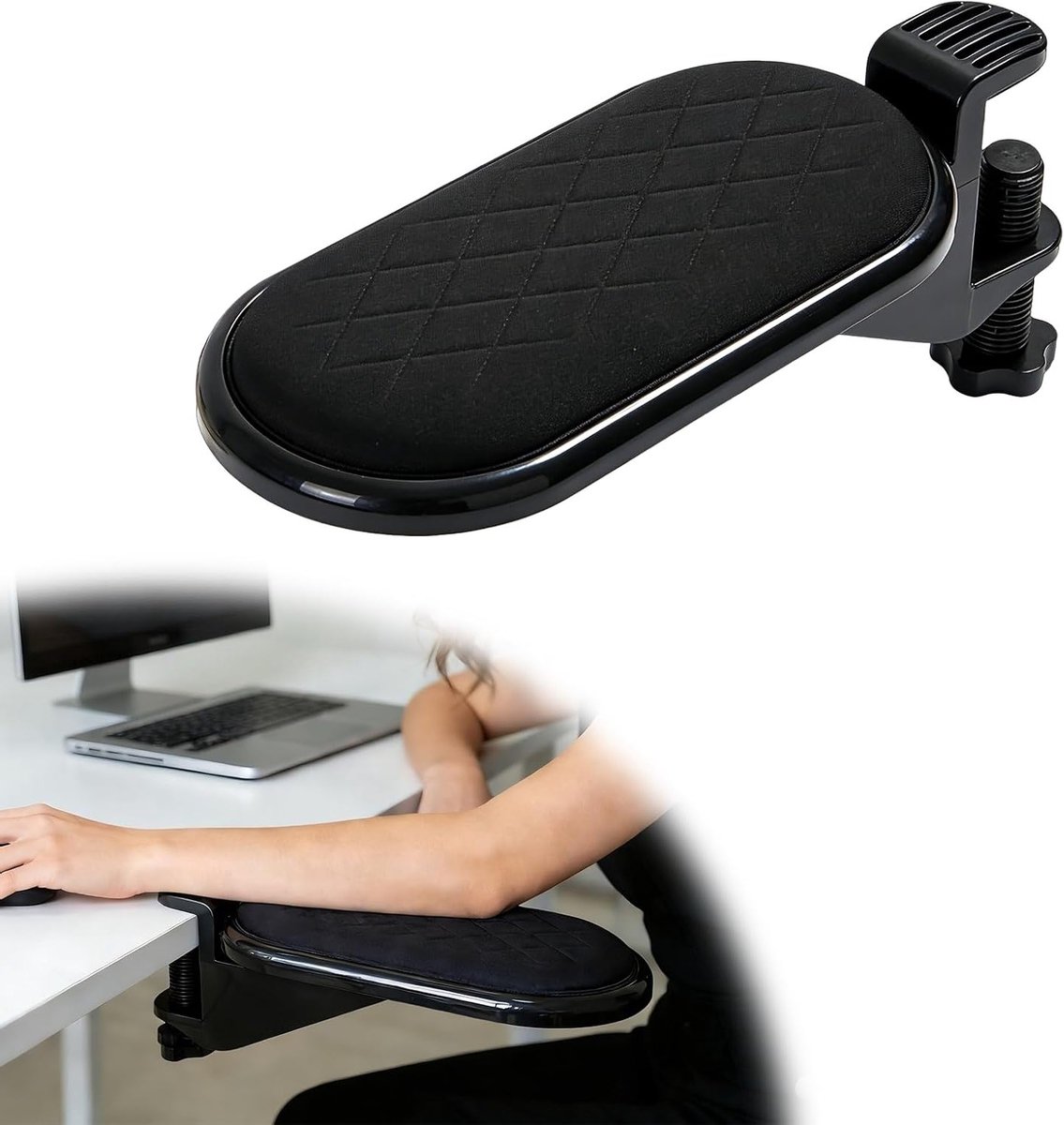 Verstelbare Armsteun voor Bureau, 180° Hoek, Kussen voor Comfort en Ondersteuning bij Computerwerk (Zwart)