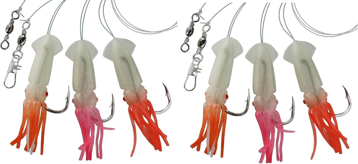 SnelShoppen - Set van 2 Spinning Fans met Rubber Octopus en Luminous Squid - 145 cm, 3 Armen, Ideaal voor Vissen en Zeetrips - Haakmaat 4/0