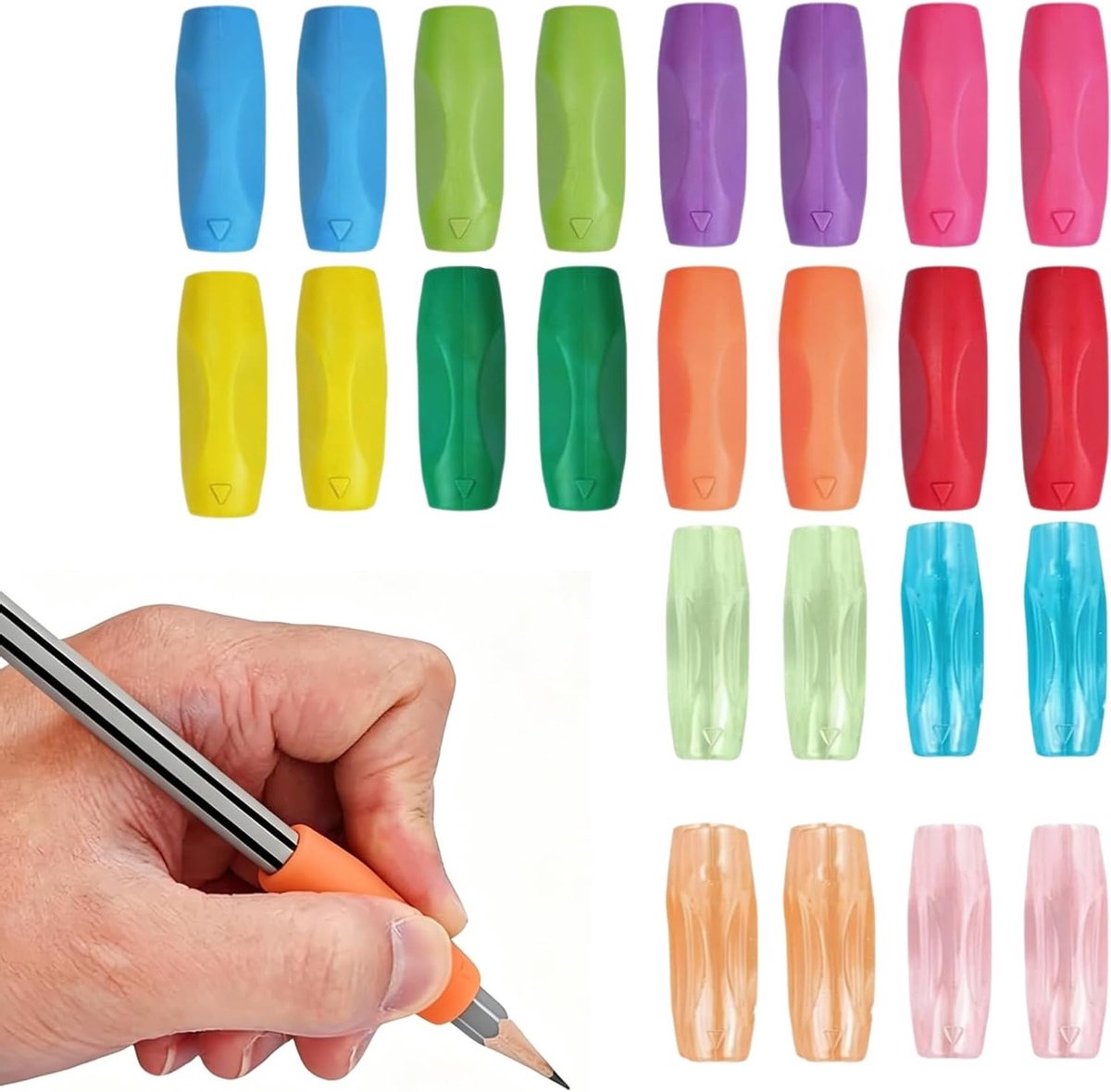 Ergonomische schrijfhulpen set van 24 stuks, siliconen penhouders voor optimale schrijfhouding, ideaal voor kinderen en volwassenen, linkshandig en rechtshandig gebruik, comfortabele grip en ondersteuning