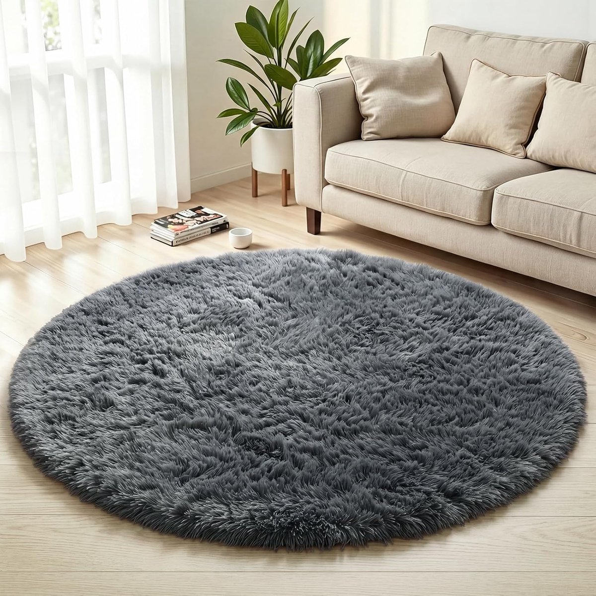 SnelShoppen - Hoogpolig rond vloerkleed 160 cm, donkergrijs, ultrazacht, antislip, wasbaar, pluizig tapijt voor woonkamer, slaapkamer, kinderen en hui