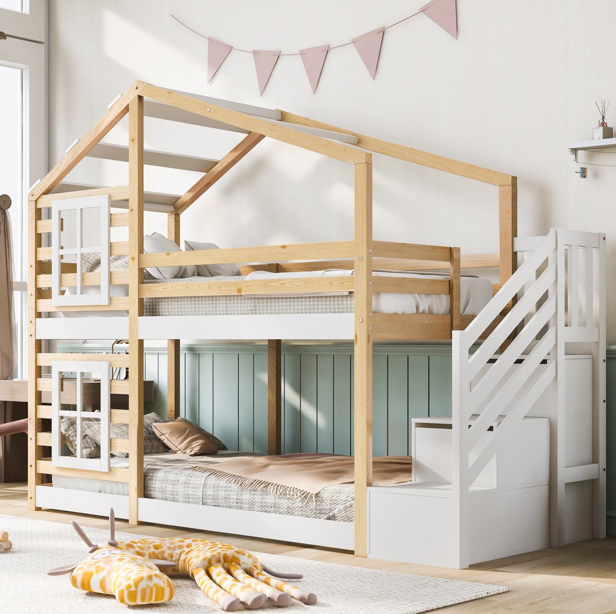 COVREO Kinder stapelbed 90x200 cm - met opbergruimte, trap, uitvalbeveiliging, naturel en wit