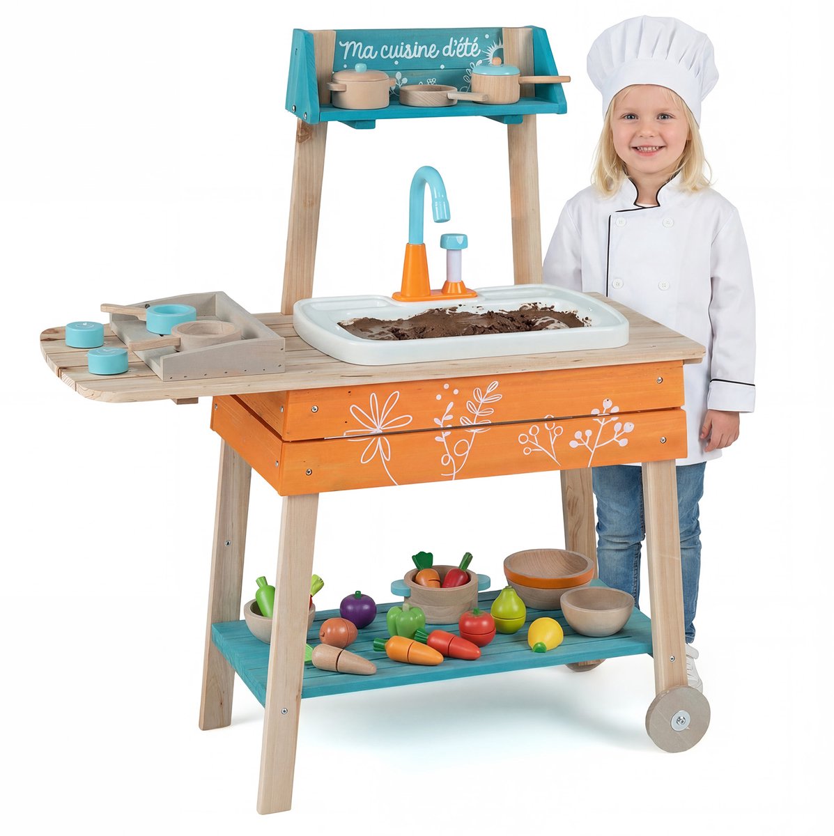 COSTWAY Modderkeuken voor kinderen, outdoor, kinderkeuken van hout, incl. spoelbak met waterpompfunctie, tuinspeelkeuken met grillrooster, outdoorkeuken voor kinderen