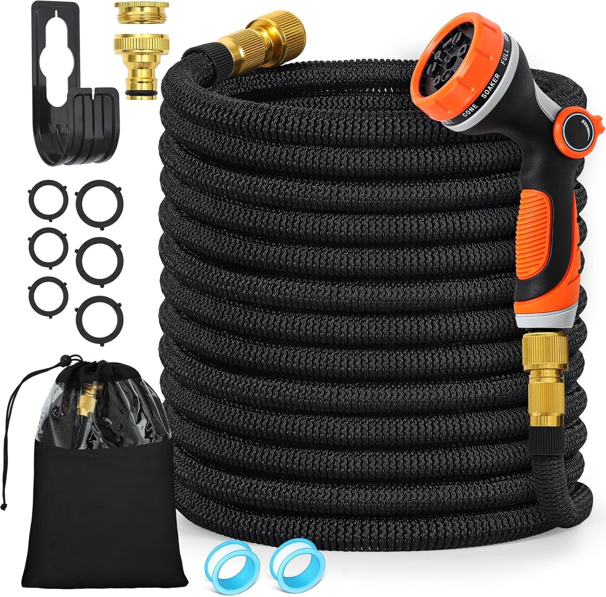 SnelShoppen - Flexibele Tuinslang 30 m met 10 Functies Slangmondstuk, Rekbare Slang met Messing Adapter 1/2 inch en 3/4 inch, Wandhouder voor Buiten,
