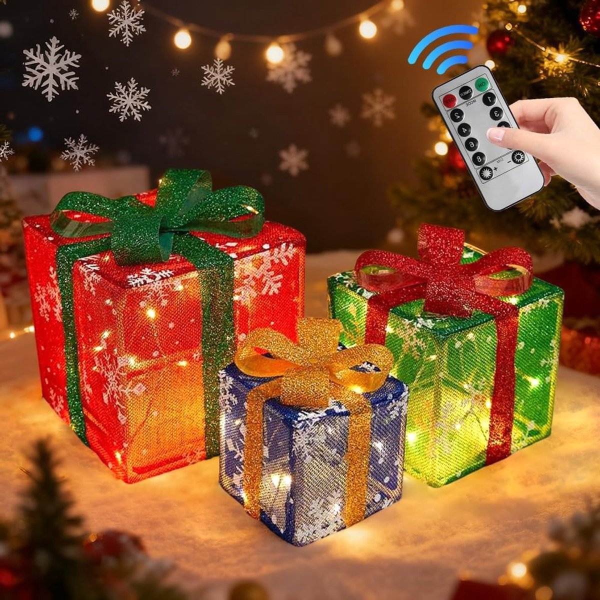 Decoratieve Set van 3 LED Kerstcadeauboxen met Afstandsbediening en Batterij, Ideaal voor Feestelijke Versiering