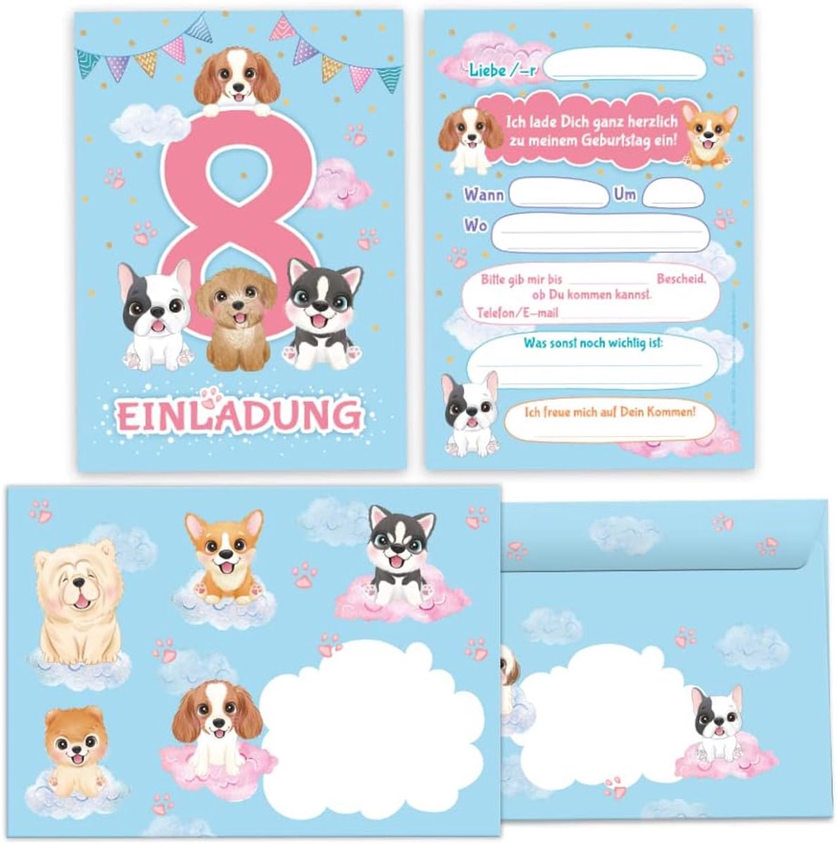 SnelShoppen - 12 Uitnodigingskaarten voor 8e Verjaardag Meisje met Honden + 12 Enveloppen - Kinderfeestje - 300 g/m² - Zelfklevend - 10,5 x 14,8 cm