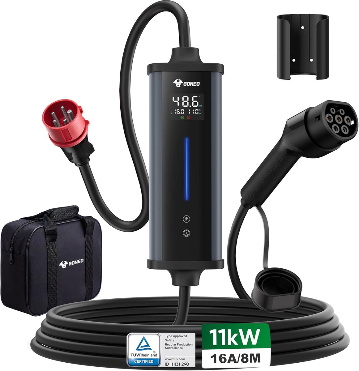 SnelShoppen - GONEO Mobile Wallbox 11 kW 8 m Type 2 Oplader, Driefasige CEE 16A, Instelbaar 6A/8A/10A/16A met Timer, Aardlekbeveiliging, Temperatuurmo
