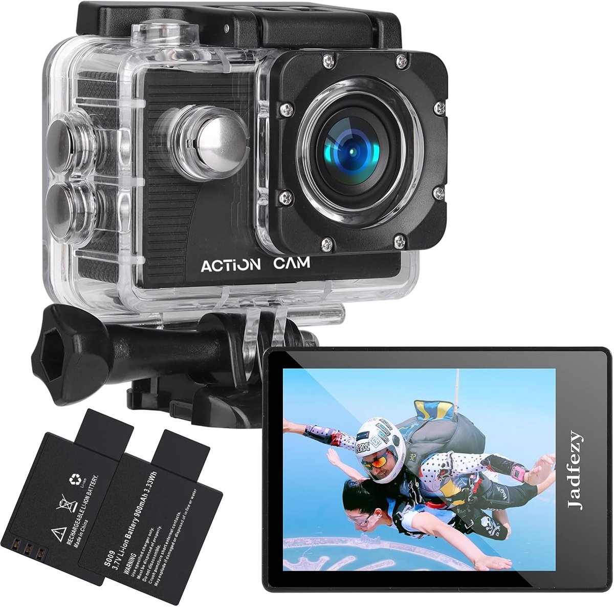 Thijox - Actiecamera 1080P met 140 Graden Groothoek, 30m Onderwatercamera, 2x 900mAh Batterijen en Montageaccessoires voor Helm en Fiets, Sportcamera