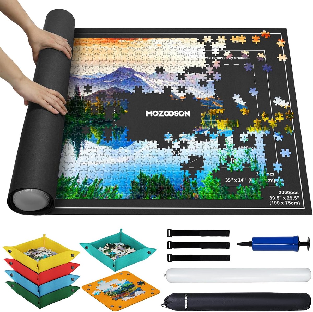 Thijox - Legpuzzelmat Vilten Puzzelmat voor 2000/1500/1000 Stukjes met 6 Opbergbakken, Puzzelaccessoires voor Opslag en Verplaatsing (117,9 x 80 cm)
