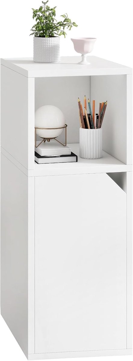 SnelShoppen - Smalle Nachtkastje met Open Compartment en Deur, Verstelbare Plank, Houten Sofa Tafel, 24 x 29 x 62 cm, Wit voor Slaapkamer en Woonkamer