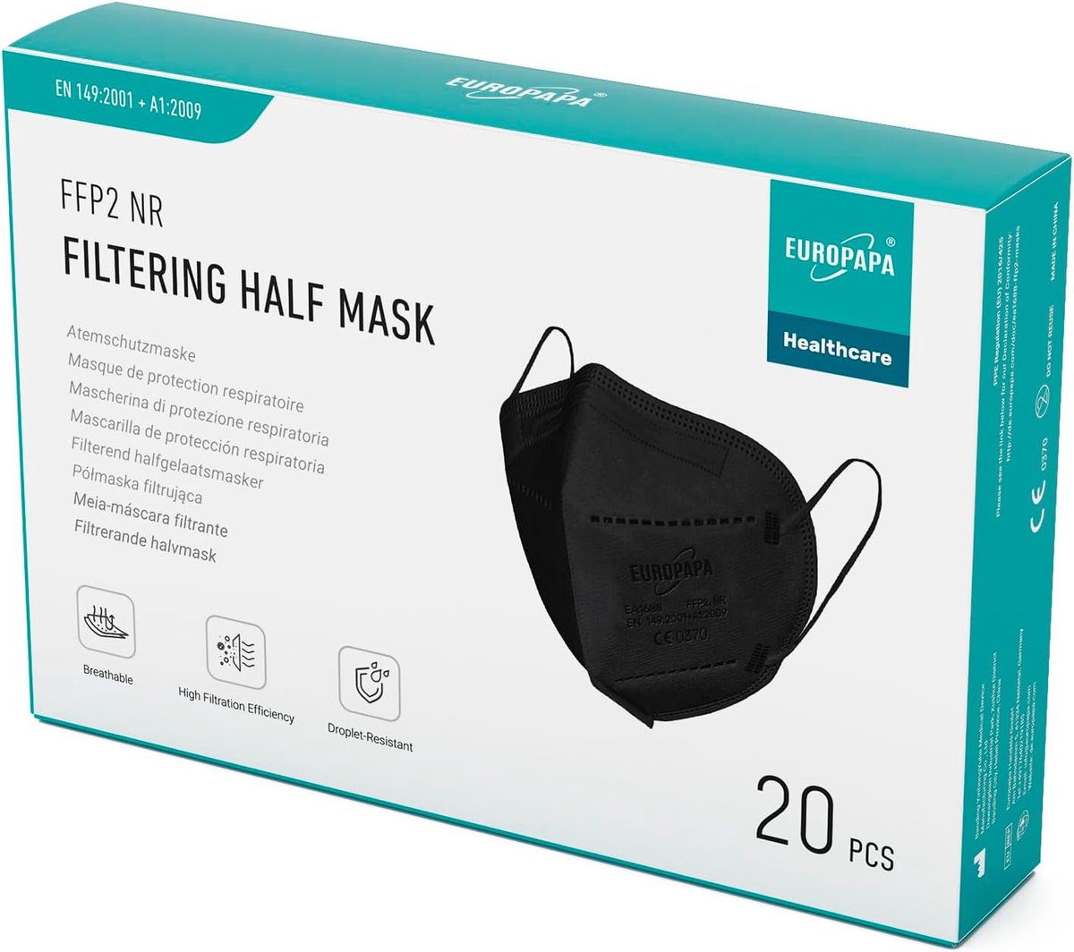 SnelShoppen - 20x FFP2 Zwarte Mondkapjes - 5-Laags Beschermend Ademmasker - Hygiënisch Verpakt - EU Gecertificeerd - Comfortabele Pasvorm